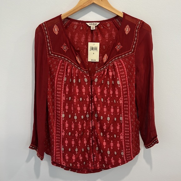 Lucky Brand Red Boho Blouse Embroidered V-Neck Long Sleeve Top Small NEW - Picture 1 of 16